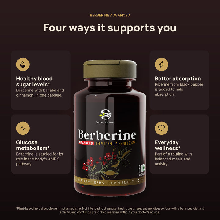 Berberine Advanced benefits: support for healthy glucose metabolism, with piperine for absorption