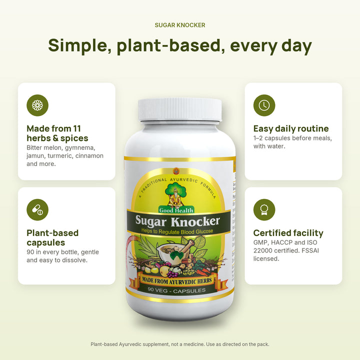Sugar Knocker at a glance: 11 herbs and spices, plant-based capsules, easy daily routine, certified facility
