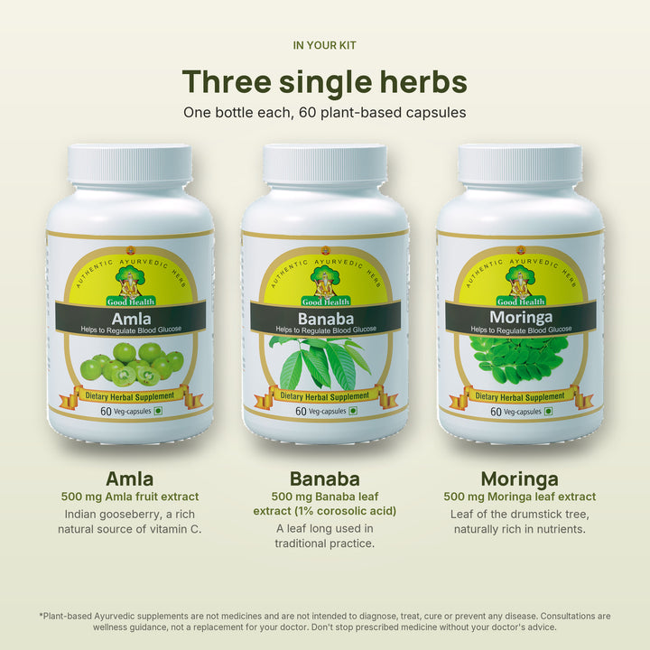 Amla, Banaba and Moringa single-herb capsules included in the Complete Metabolic Care Kit