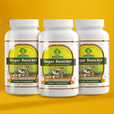 Three bottles of Good Health Sugar Knocker dietary supplements on a yellow background
