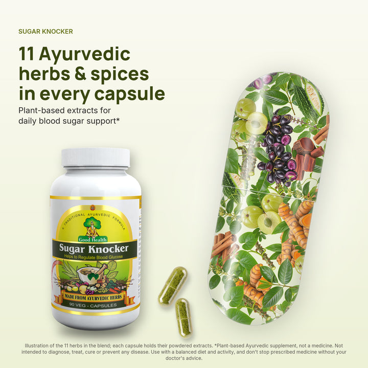 Illustration of a Sugar Knocker capsule filled with its Ayurvedic herbs, beside the bottle