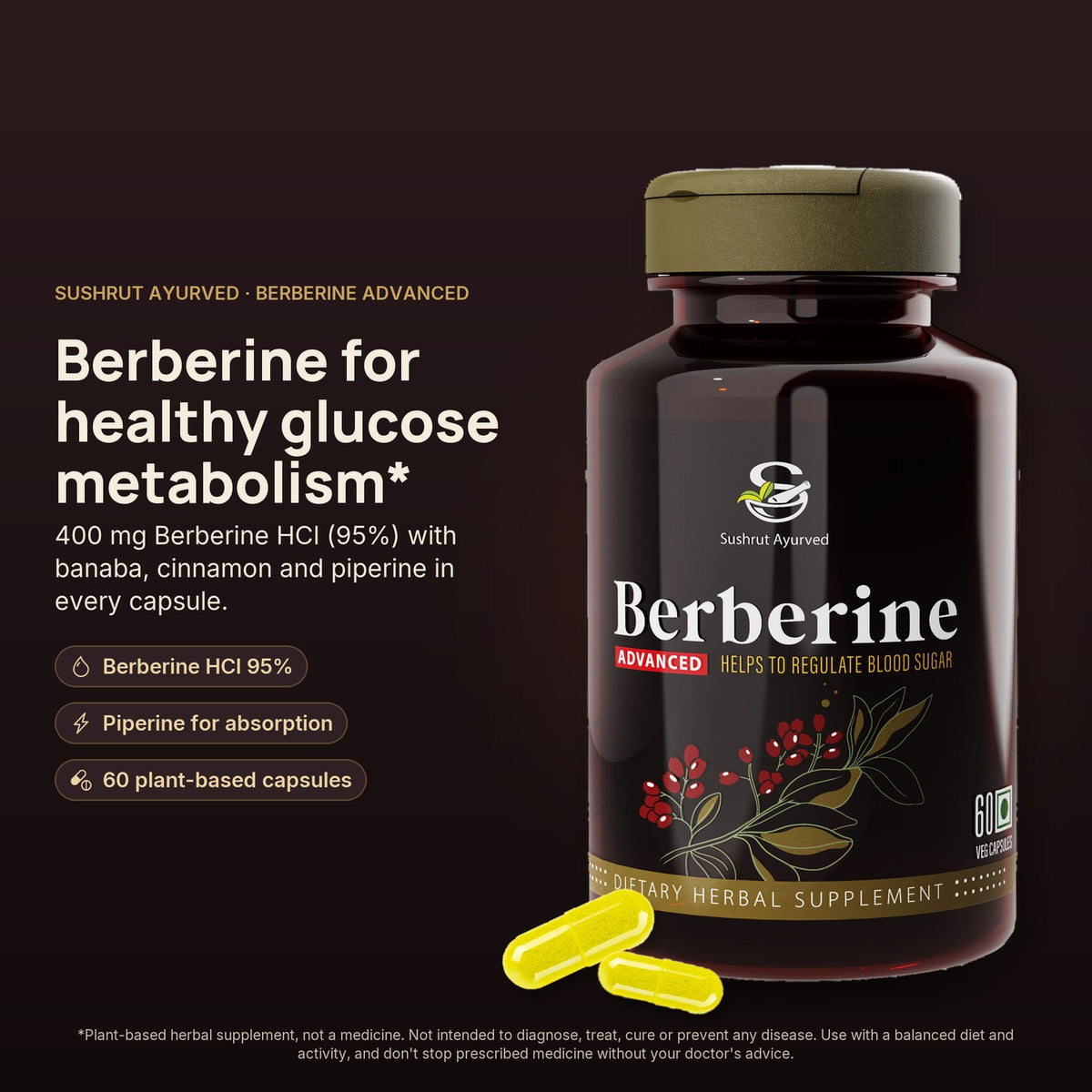 
Berberine Advanced 500 mg capsules, berberine supplement (alternate view)