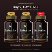 Berberine Advanced Buy 2 Get 1 FREE offer: 3 bottles, 180 capsules, a 90-day supply