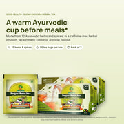 Sugar Knocker Herbal Tea boxes and sachet, a caffeine-free Ayurvedic herbal infusion