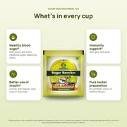 Sugar Knocker Herbal Tea benefits as printed on the box, with a tea sachet